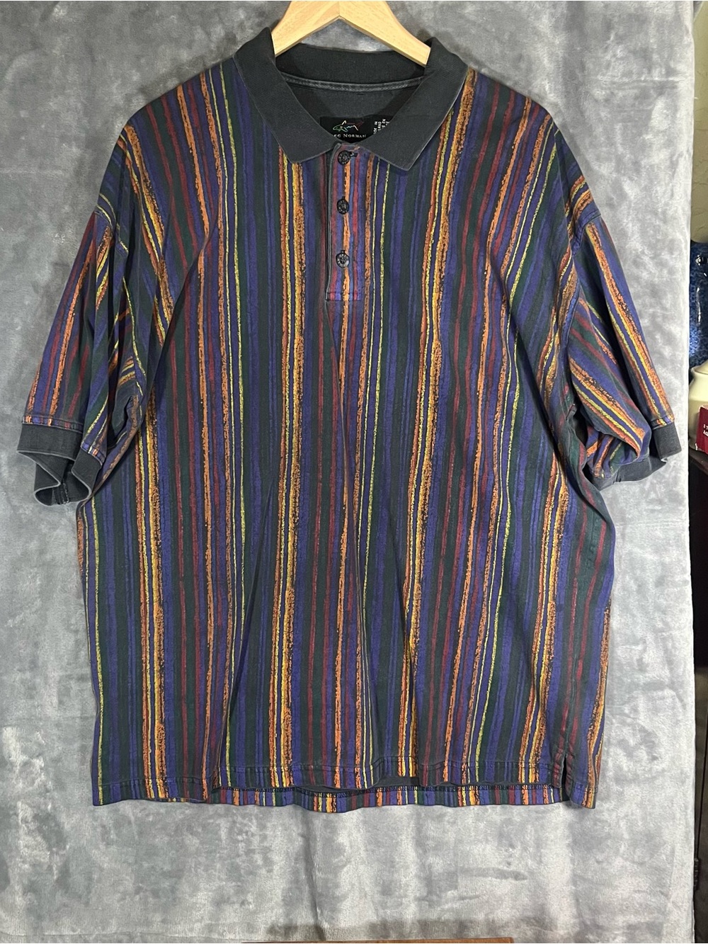 Vintage 90’s Greg Norman Collection Vertical Stripe Polo in Navy, Gold, Purple